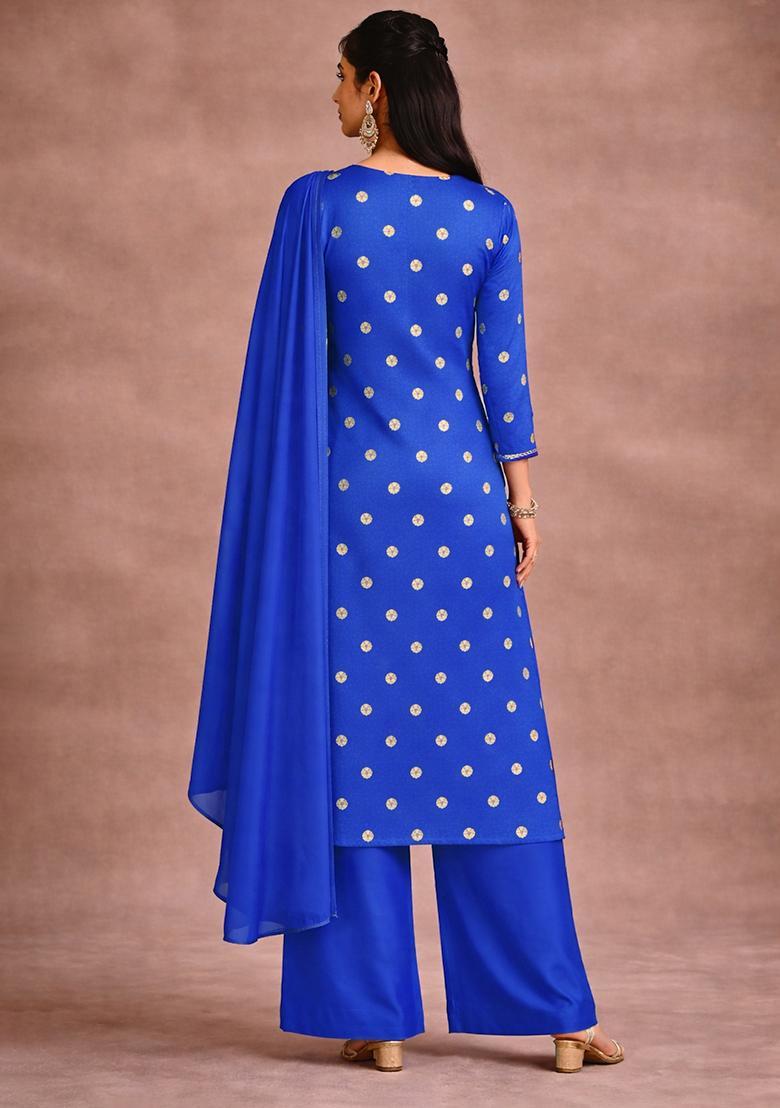 Royal Blue Embroidered Satin Straight Kurta Set - Indya