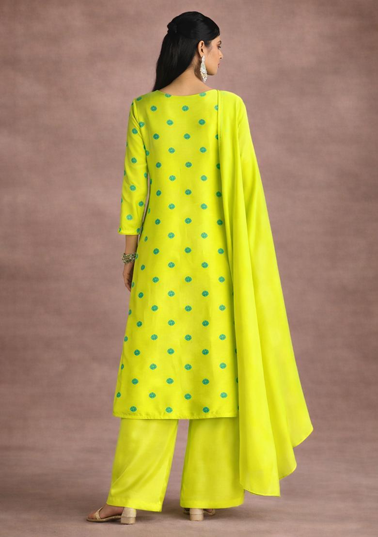 Lime Green Embroidered Satin Straight Kurta Set - Indya