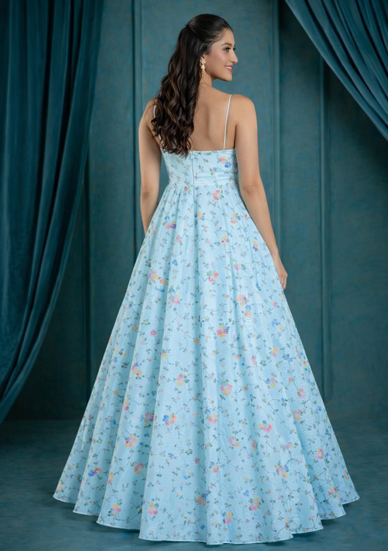 Blue Embroidered Tissue Anarkali With Dupatta - Indya