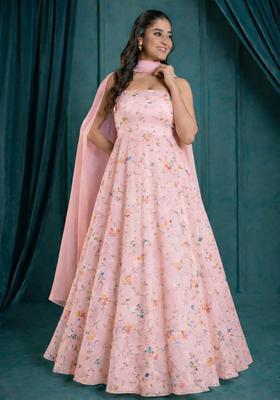 Pink Embroidered Tissue Anarkali With Dupatta