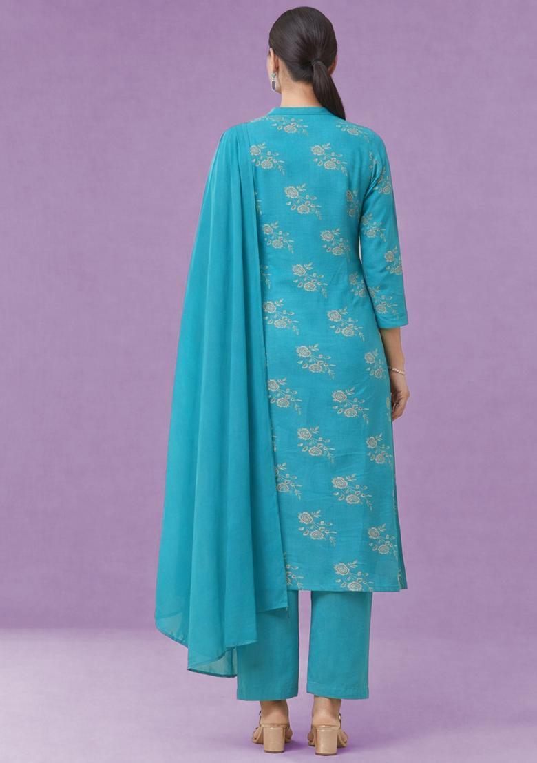 Blue Embroidered Crepe Straight Kurta Set - Indya