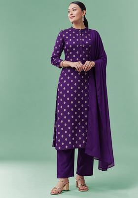 Purple Printed Silk Blend Straight Kurta Set