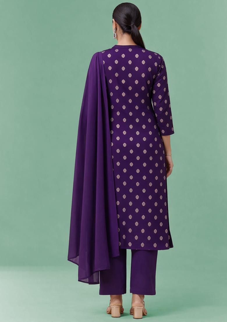 Purple Printed Silk Blend Straight Kurta Set - Indya