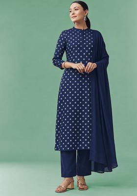 Navy Blue Printed Silk Blend Straight Kurta Set