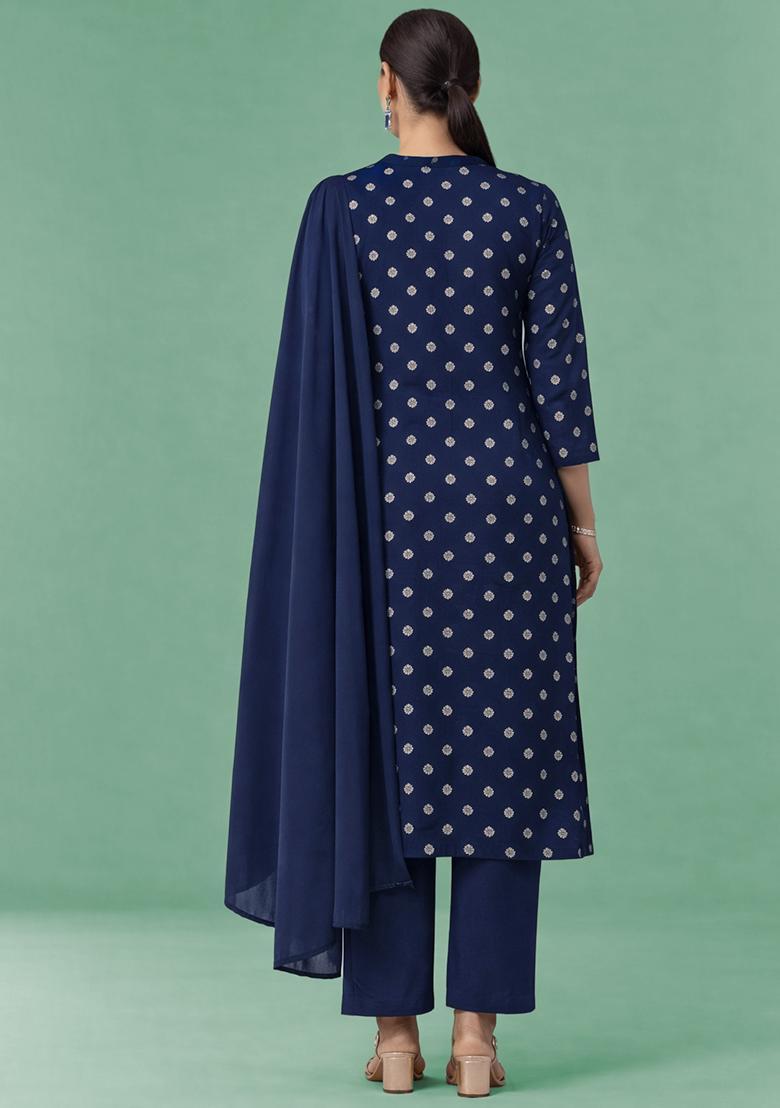 Navy Blue Printed Silk Blend Straight Kurta Set - Indya