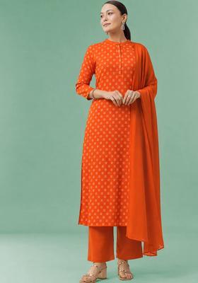 Orange Printed Silk Blend Straight Kurta Set
