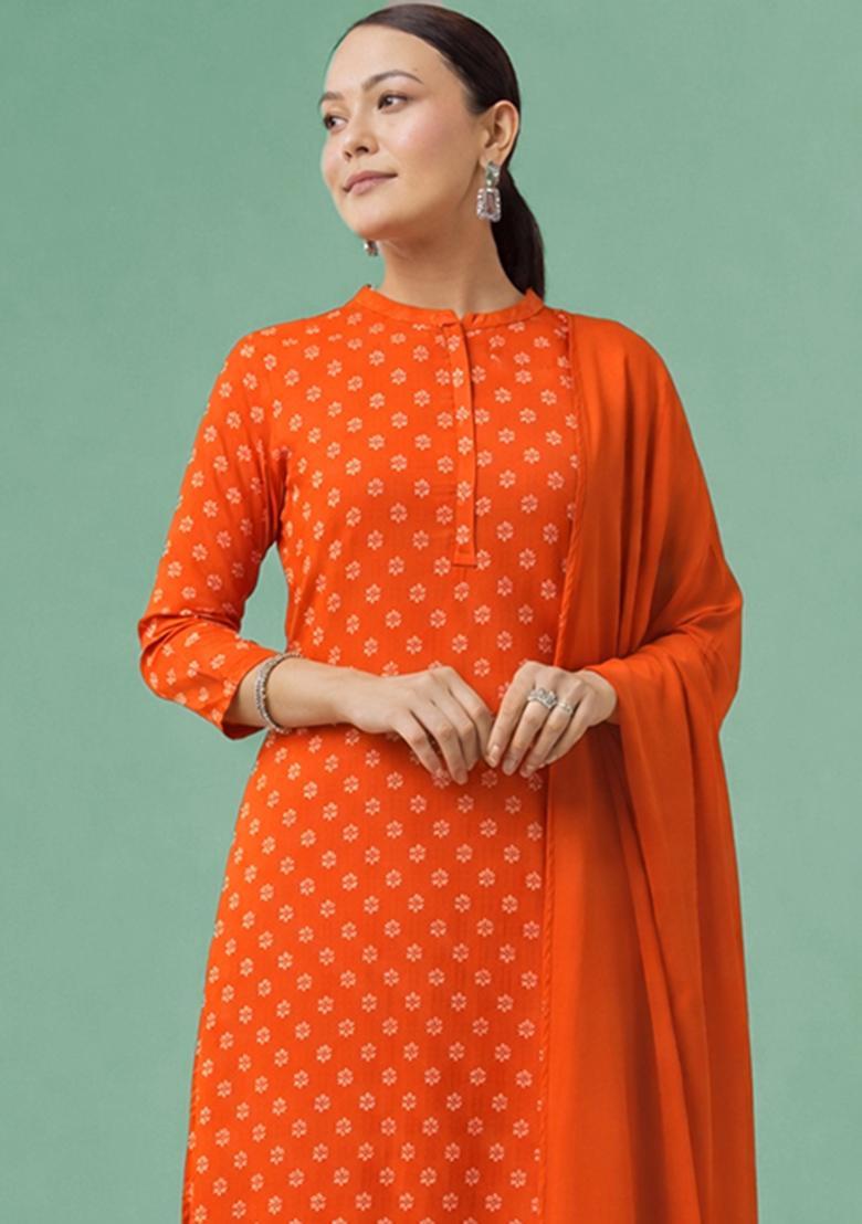 Orange Printed Silk Blend Straight Kurta Set - Indya