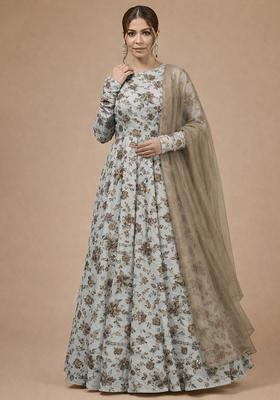 Beige Floral Print Crepe Anarkali With Dupatta
