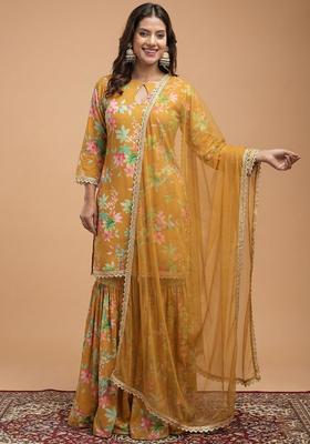 Mustard Floral Print Georgette Sharara Set