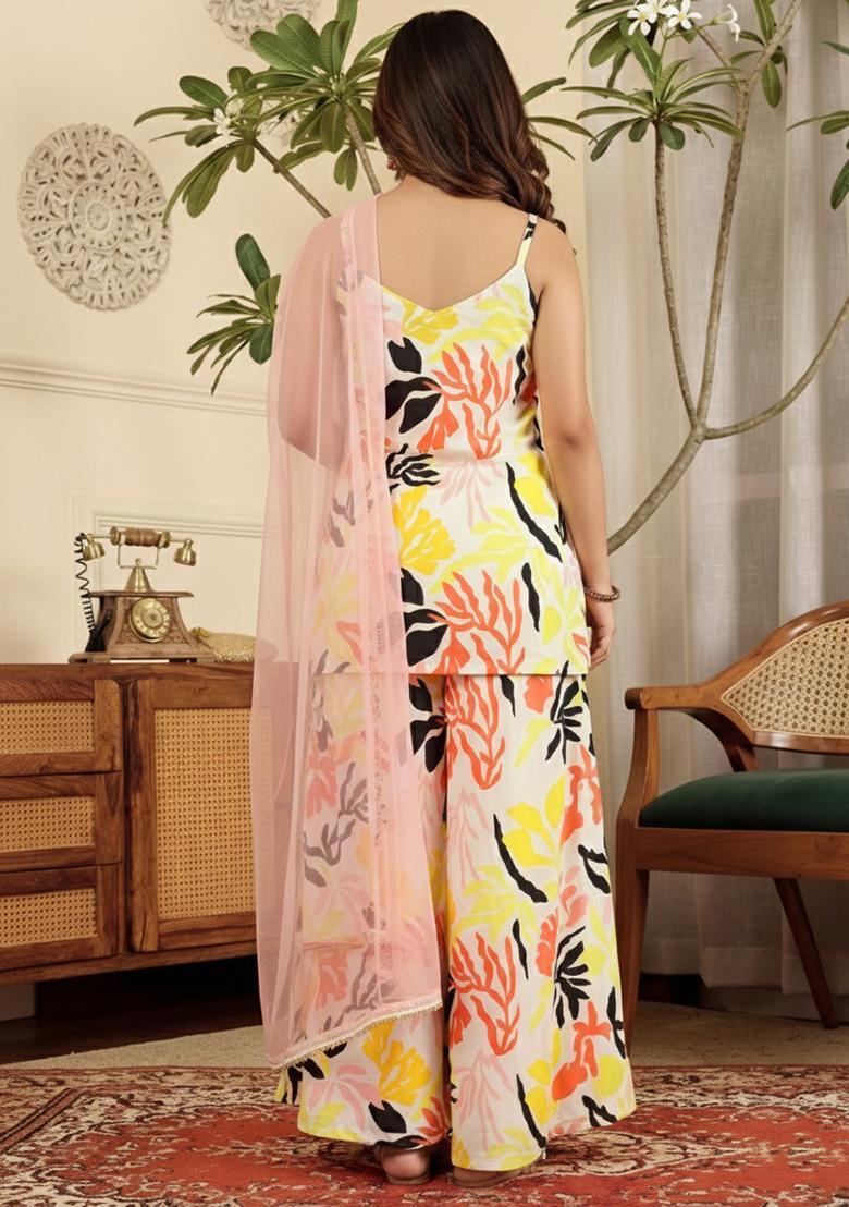 Multicolor Floral Print Silk Blend Sharara Set - Indya