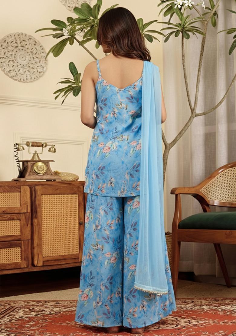 Blue Floral Print Silk Blend Sharara Set - Indya