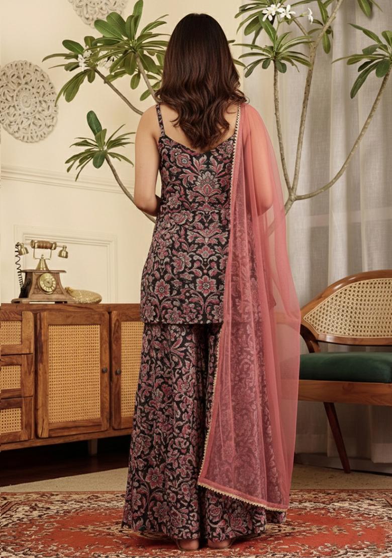 Charcoal Grey Floral Print Silk Blend Sharara Set - Indya