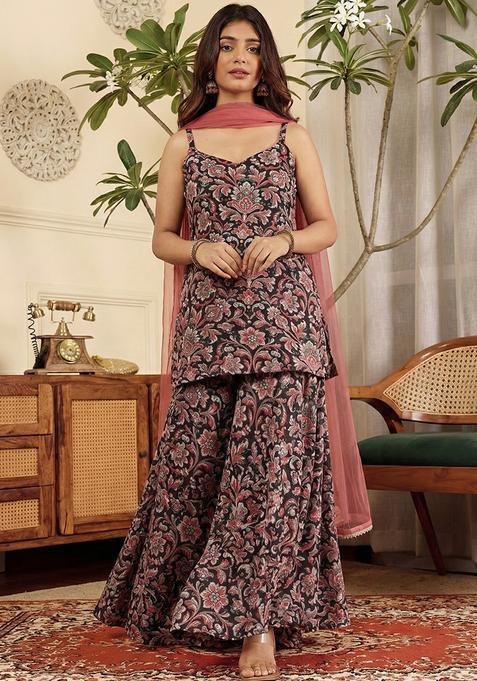 Charcoal Grey Floral Print Silk Blend Sharara Set