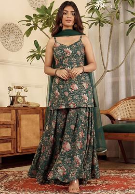 Deep Green Floral Print Silk Blend Sharara Set