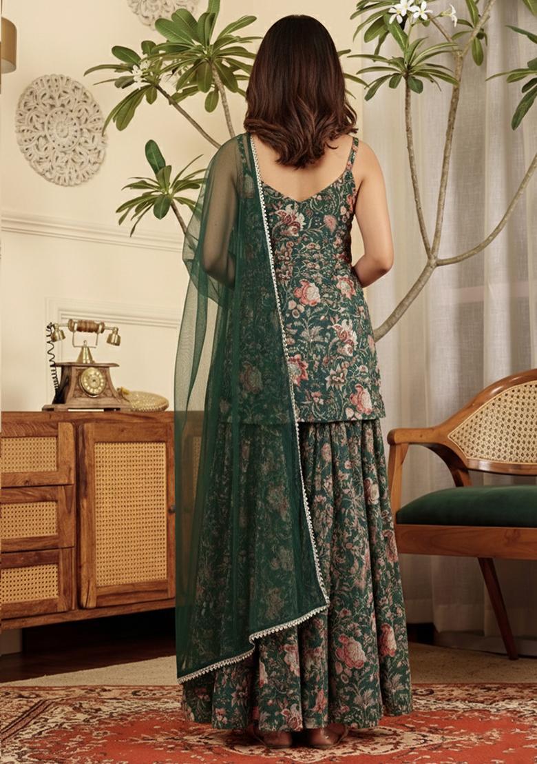 Deep Green Floral Print Silk Blend Sharara Set - Indya