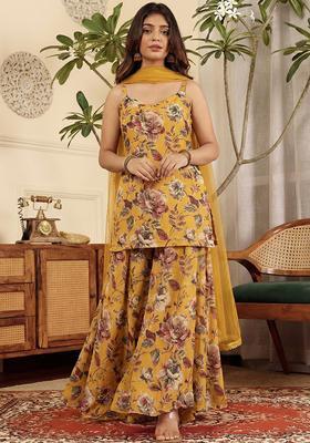 Yellow Floral Print Silk Blend Sharara Set