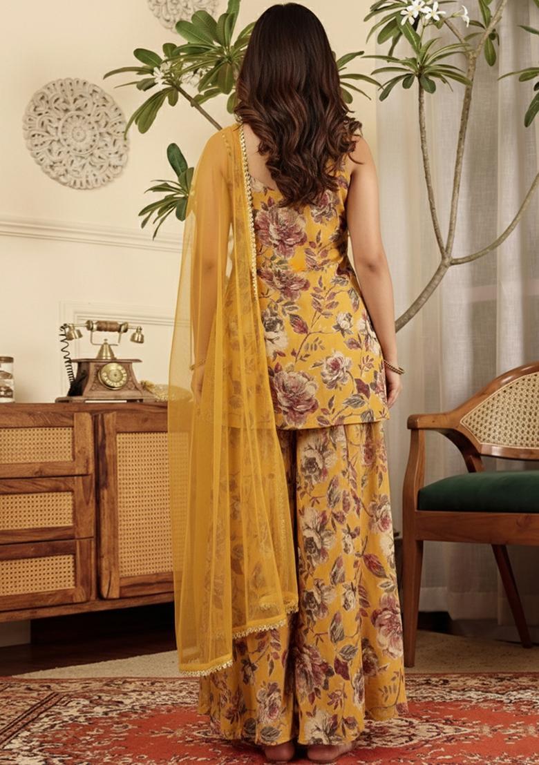 Yellow Floral Print Silk Blend Sharara Set - Indya