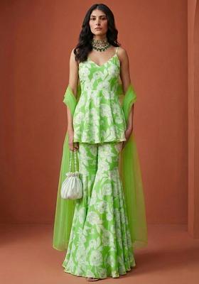 Green Floral Print Silk Blend Sharara Set