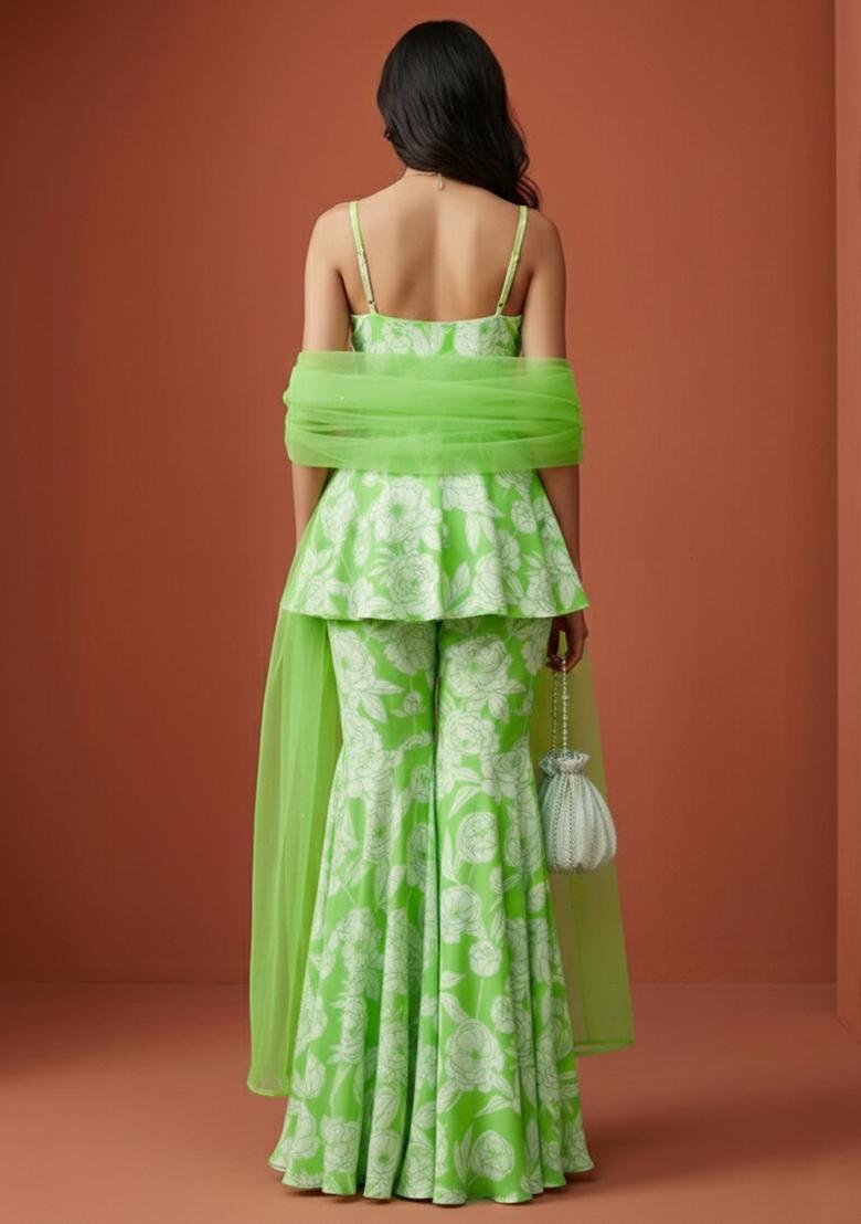 Green Floral Print Silk Blend Sharara Set - Indya