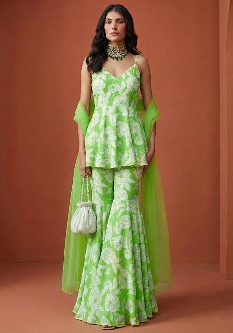 Green Floral Print Silk Blend Sharara Set