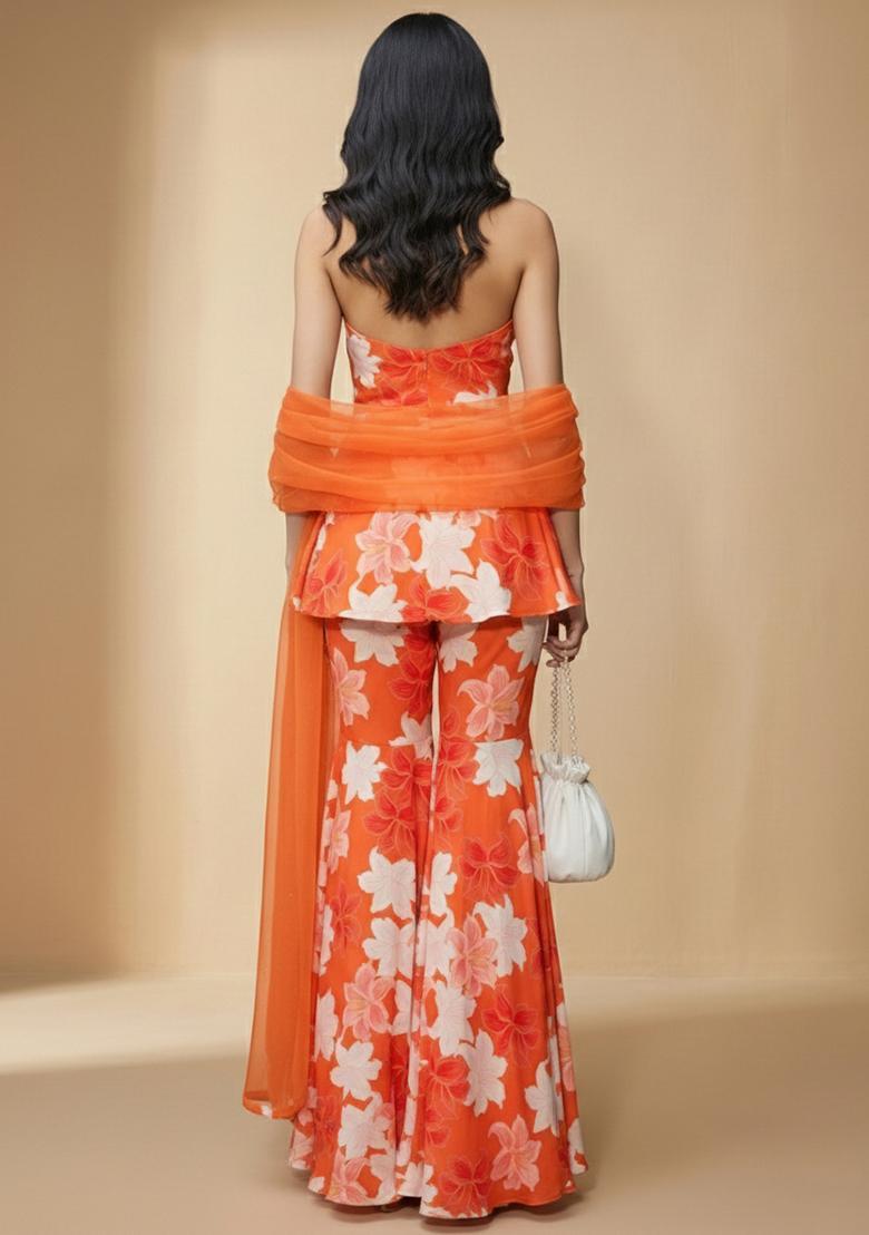 Orange Floral Print Silk Blend Sharara Set - Indya