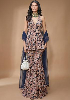 Purple Floral Print Silk Blend Sharara Set