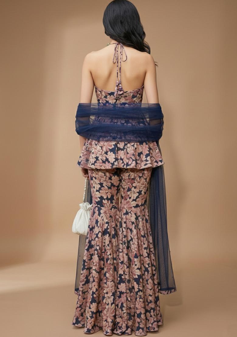 Purple Floral Print Silk Blend Sharara Set - Indya