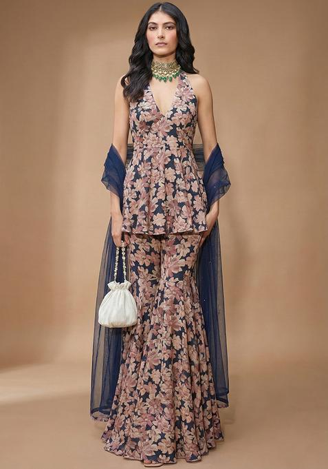 Purple Floral Print Silk Blend Sharara Set