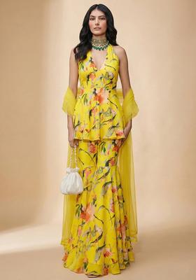 Yellow Floral Print Silk Blend Sharara Set