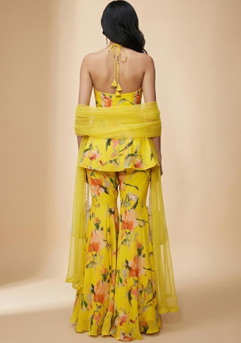 Yellow Floral Print Silk Blend Sharara Set - Indya