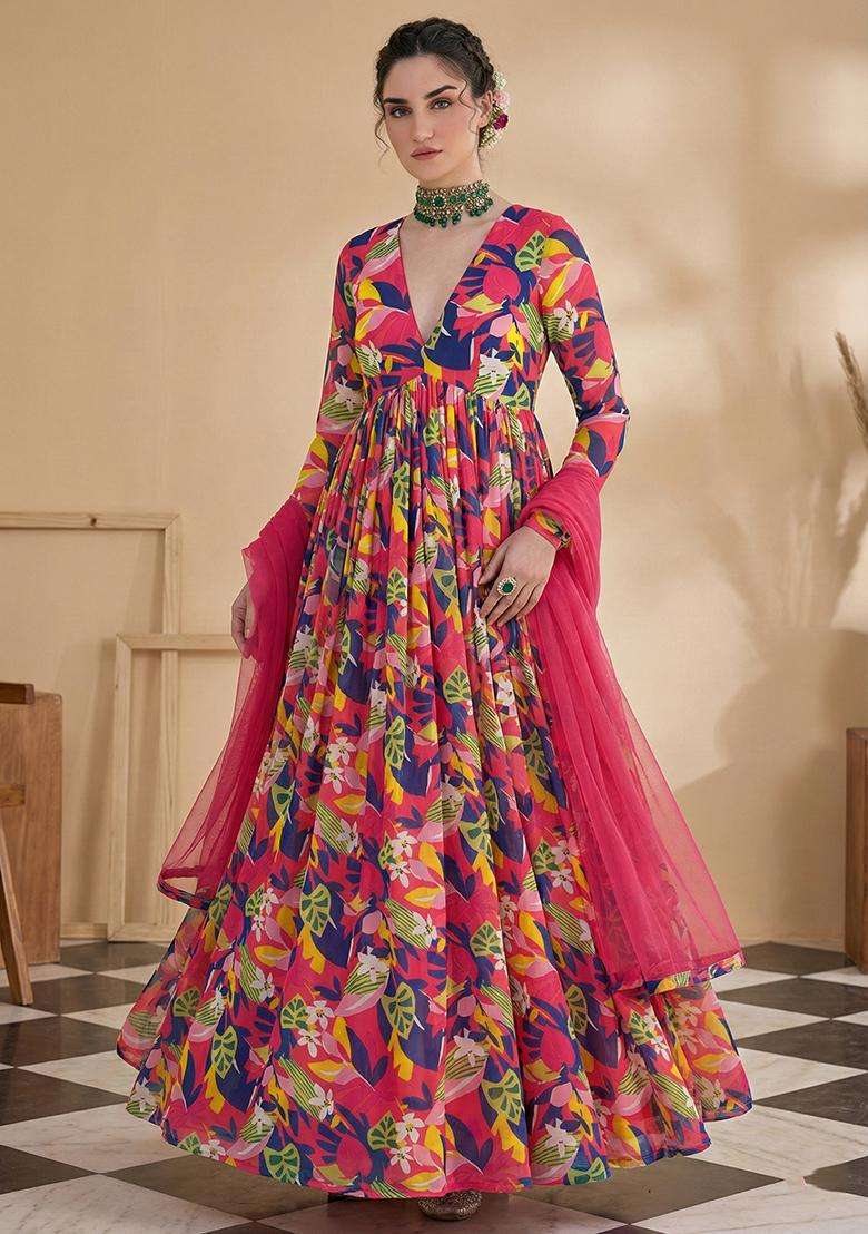 Pink Floral Print Georgette Anarkali With Dupatta - Indya