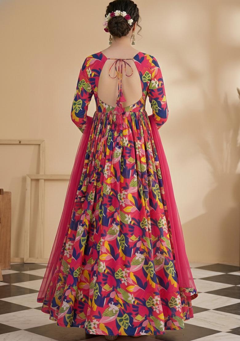 Pink Floral Print Georgette Anarkali With Dupatta - Indya