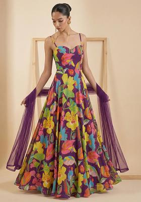 Purple Floral Print Georgette Anarkali With Dupatta