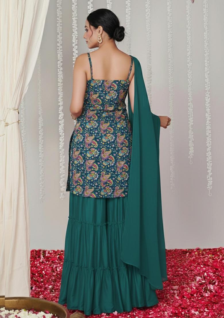 Bottle Green Floral Print Crepe Sharara Set - Indya