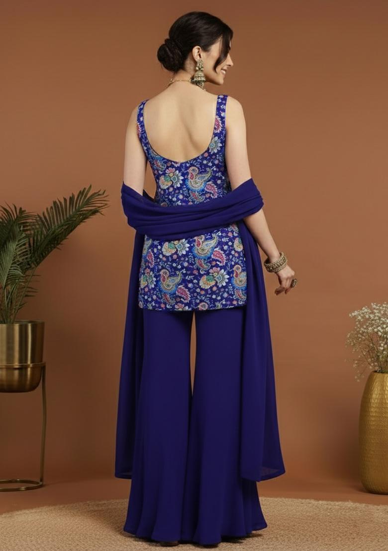 Navy Blue Floral Print Crepe Sharara Set - Indya