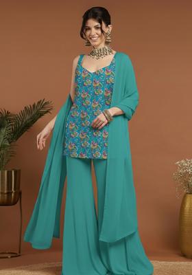 Teal Blue Floral Print Crepe Sharara Set