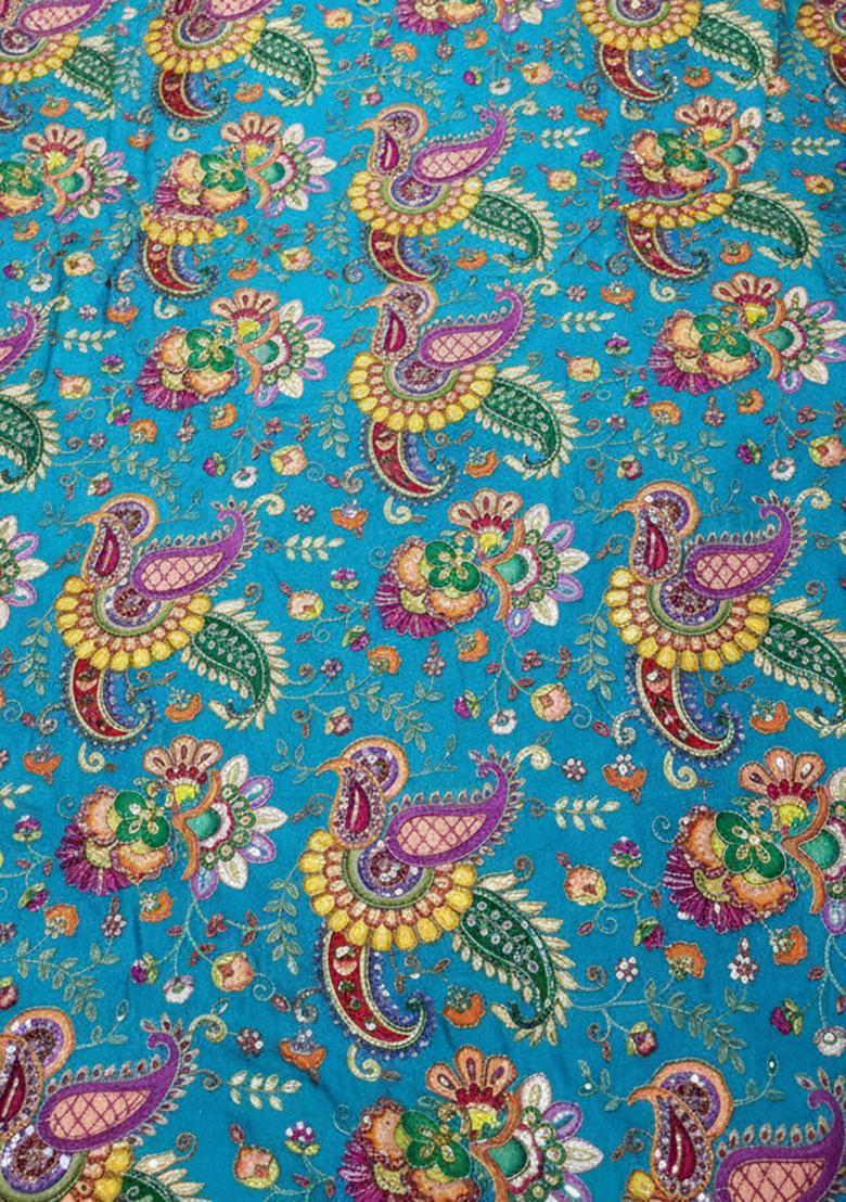 Teal Blue Floral Print Crepe Sharara Set - Indya