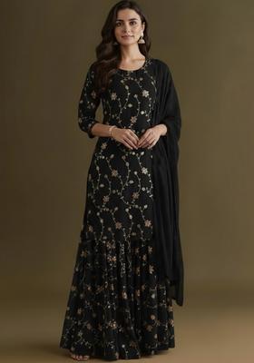 Black Sequin Crepe Sharara Set