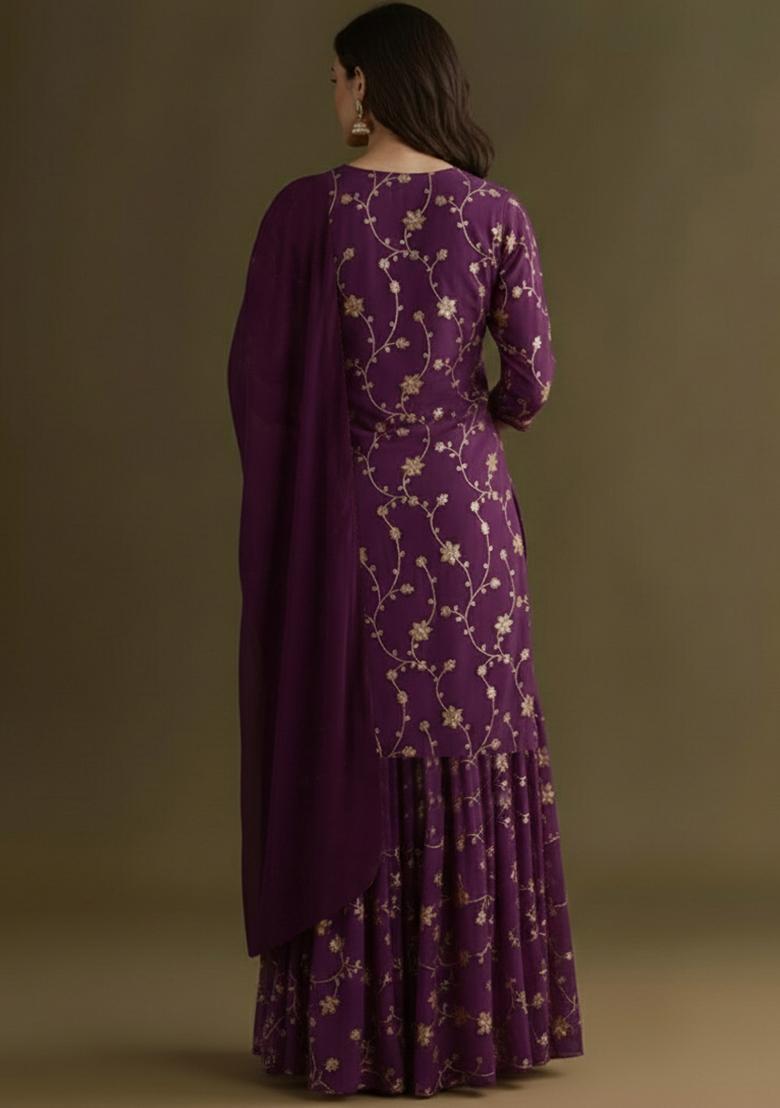 Purple Sequin Crepe Sharara Set - Indya