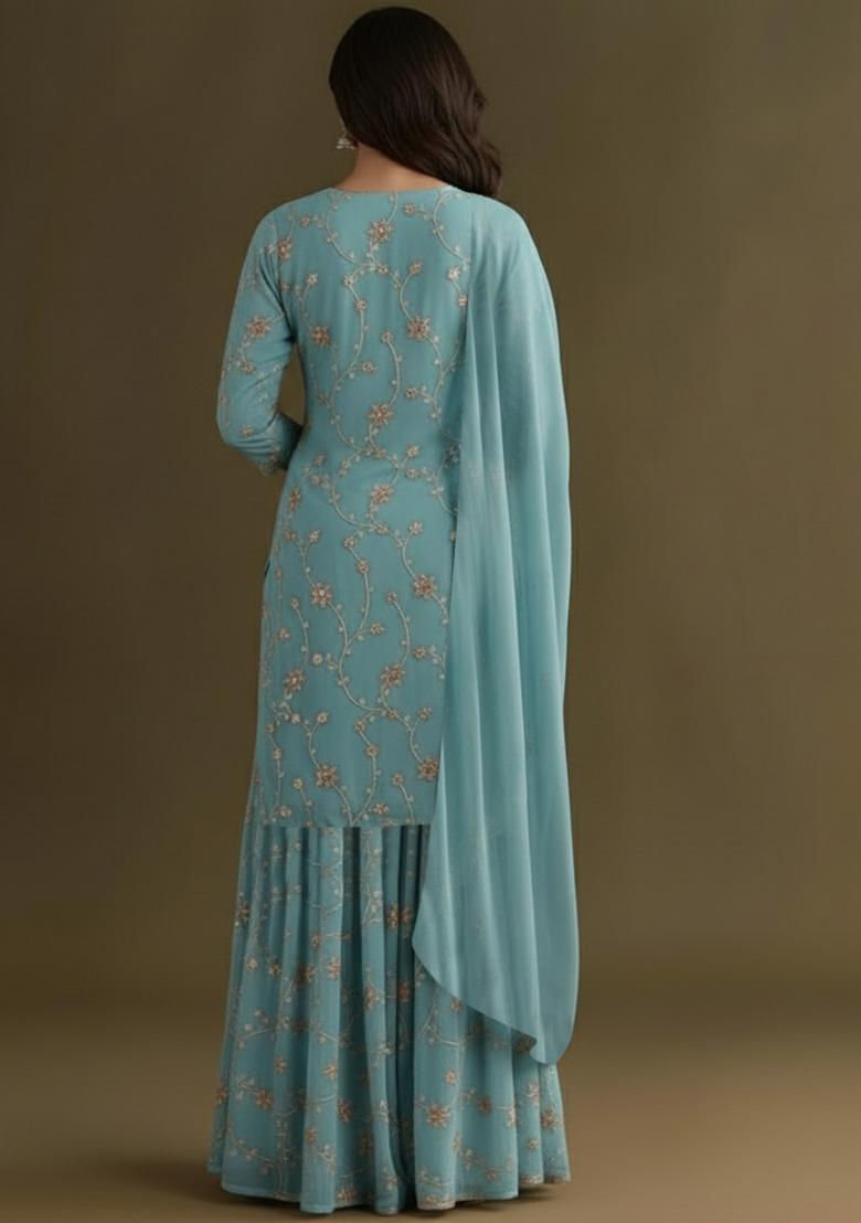 Powder Blue Sequin Crepe Sharara Set - Indya