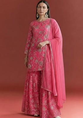 Pink Embroidered Georgette Sharara Set