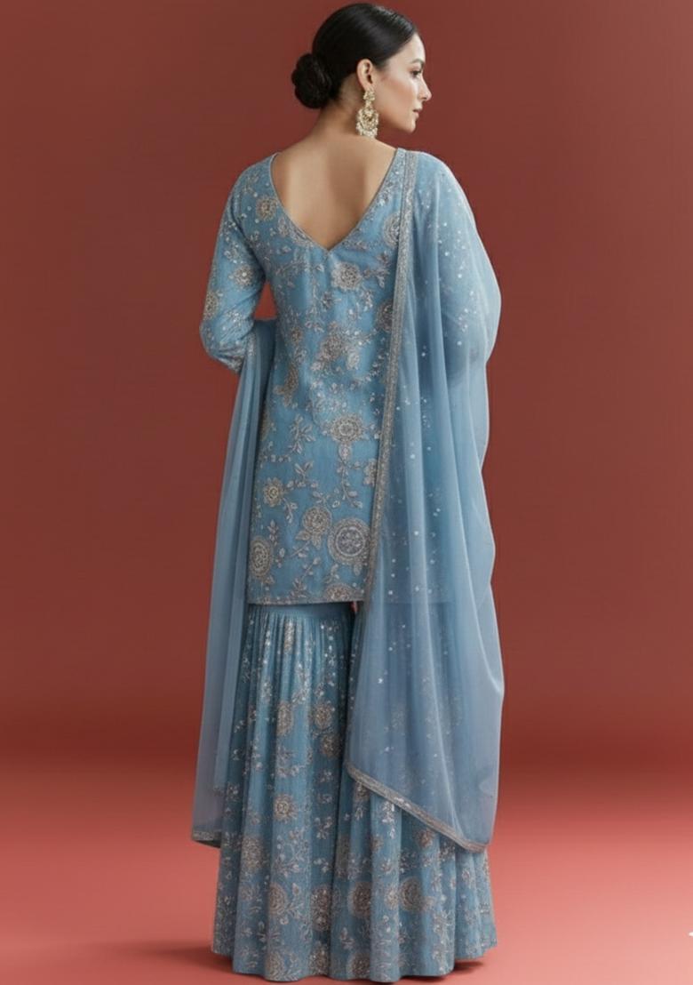 Powder Blue Embroidered Georgette Sharara Set - Indya