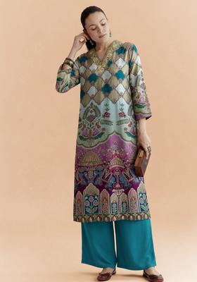 Multicolor Printed Crepe Straight Kurta Set