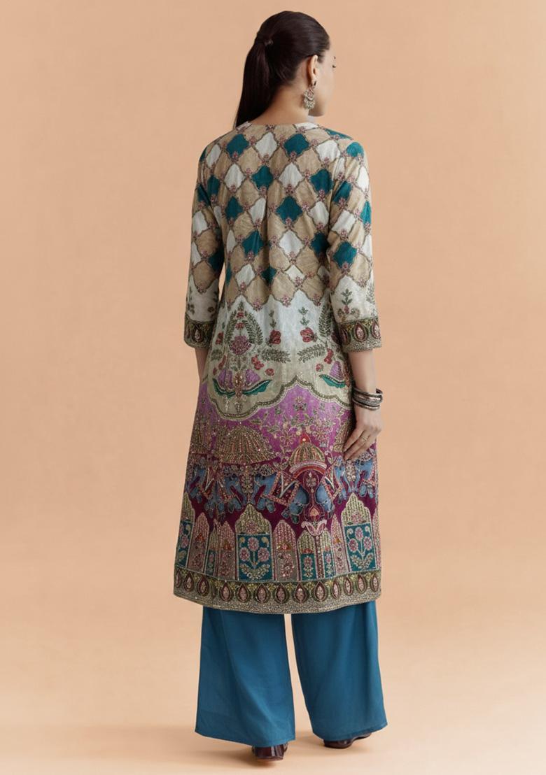 Multicolor Printed Crepe Straight Kurta Set - Indya