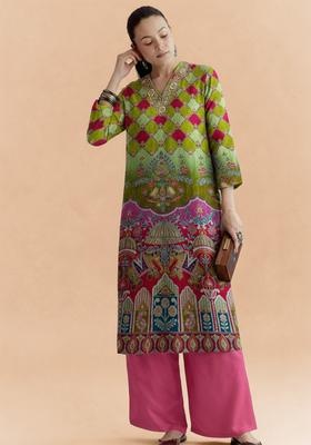 Multicolor Printed Crepe Straight Kurta Set