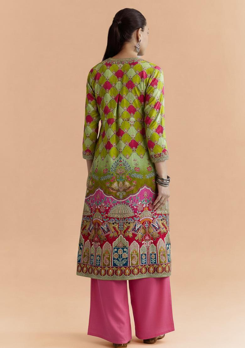 Multicolor Printed Crepe Straight Kurta Set - Indya