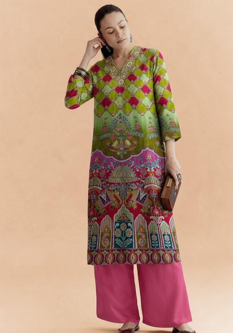 Multicolor Printed Crepe Straight Kurta Set