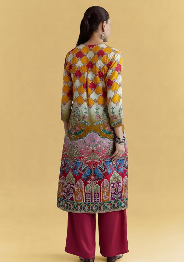 Multicolor Printed Crepe Straight Kurta Set - Indya