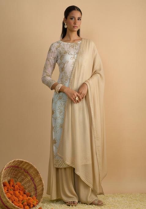 Pale Gold Embroidered Georgette Sharara Set