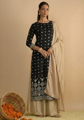Black Embroidered Georgette Sharara Set